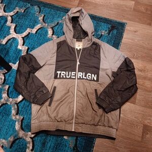 True Religion Jacket Windbreaker Hooded Black Grey Men’s 3XL